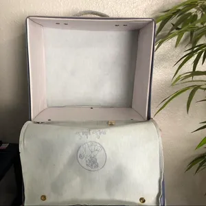 Vintage Blue Travel Box Luggage Hat Box Carry On Case Retro Square Suitcase MCM Lady Love Brass Hardware Approx 14” wide x 11.5” Long x 7” Deep thumbnail 8