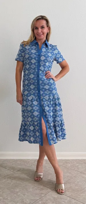 Solitaire Blue Embroidered Button Front Midi Dress M thumbnail 1