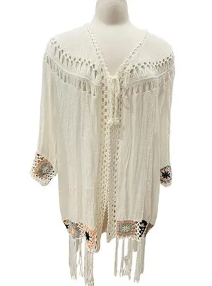 RAIN Boho Open Front Crochet Fringe Cardigan Large NWT thumbnail 5