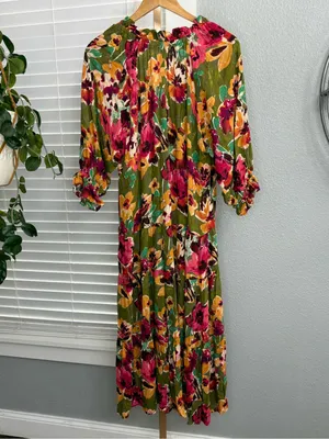 NWT Sabrina Olive Rose Printed 3/4 Sleeve Dress Size Small Tiered thumbnail 6