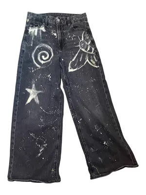 American Eagle Hand Painted Wide Leg Jeans 4 Short *Black Denim* Y2K Grunge thumbnail 1