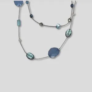 Vintage Beaded Layered Necklace and Drop Earring Set Silver Tone Blue thumbnail 4