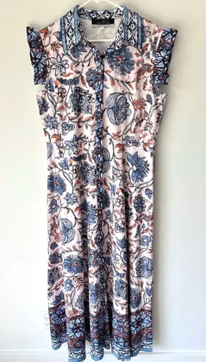 Dalia MacPhee Floral Maxi Dress Short Flutter Sleeve Button Front Pink Blue thumbnail 1