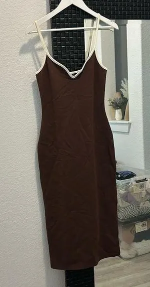 Abercrombie and Fitch brown body con spaghetti strap mid length dress thumbnail 1