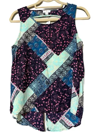 Charming Charlie C medium blue patchwork print hi low tank open back split bottom new thumbnail 1