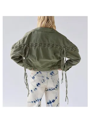 Urban Outfitters Army Olive Green BDG Samarria Laced Fringe Denim Trucker Jacket thumbnail 6