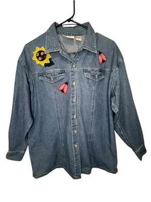 Bill Blass Vintage Long Sleeve Denim Shirt With Embroidered Spring Design thumbnail 1