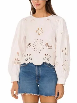 Vince Camuto White Embroidered Scallop Hem‎ Long Sleeve Blouse Size XL thumbnail 1