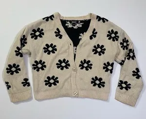 DKNY Cream Cropped Button Up Cardigan with Black Flower Print size L thumbnail 1