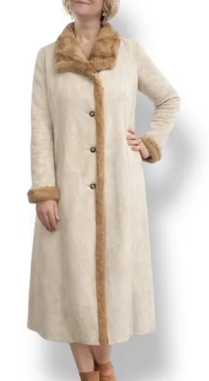 Vintage 90s Longline Cream Vegan Suede Leather Coat Faux Fur Collar Trim Large‎ thumbnail 1