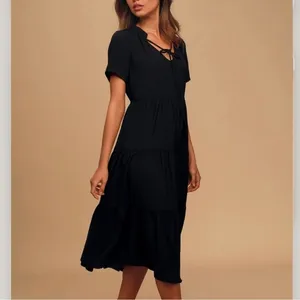 Lulus Lovely to Meet You Black Short Sleeve Tiered Midi Dress‎ SMALL thumbnail 3