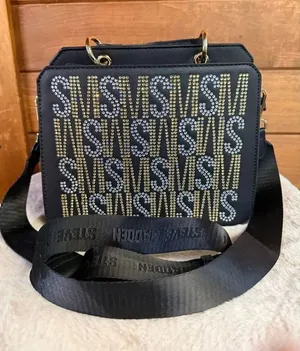Steve Madden Bevelyn Rhinestone Crystal Logo Crossbody/Tote Black/Gold/Silver thumbnail 1