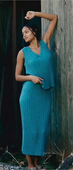 Free People FP Beach Veda Rib Knit Maxi‎ Skirt Teal Drawstring Size Medium thumbnail 1