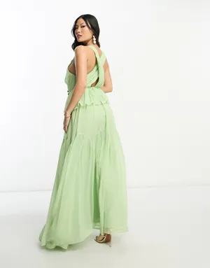 NWT ASOS light green full length plunge dress with cross over back detail US size 4 thumbnail 2