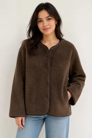 H&M Brown Faux Sherpa Snap Button Jacket S thumbnail 1