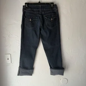 Angels Jeans Y2k Button Pockets‎ Mid Rise Dark Wash Cuffed Capri Jeans Size 10 thumbnail 7