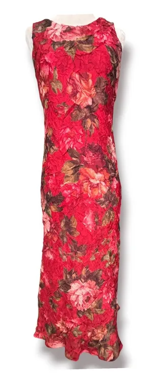 Vintage Red Floral Crinkle Maxi Dress Sleeveless Open Keyhole Back Romantic thumbnail 1