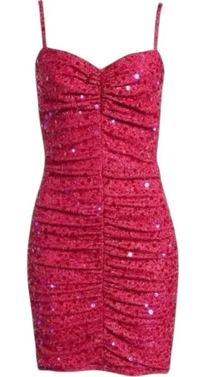NWT Sho By Tadashi Shoji Sequin BodyCon Ruched Hot Pink Mini Dress Large $268‎ thumbnail 1