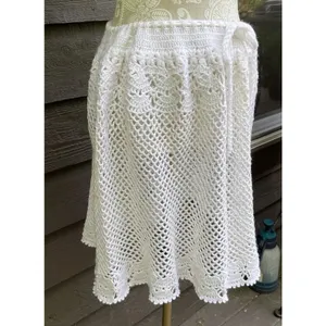 Vintage Handmade Crochet Lace Skirt Cover Up White Boho Festival Drawstring M thumbnail 13