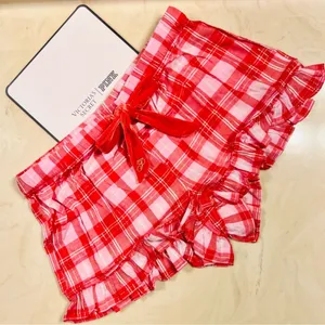 PINK VICTORIA’S SECRET Flannel Pajama Shorts Red Pink Silver Plaid Ruffle L thumbnail 1