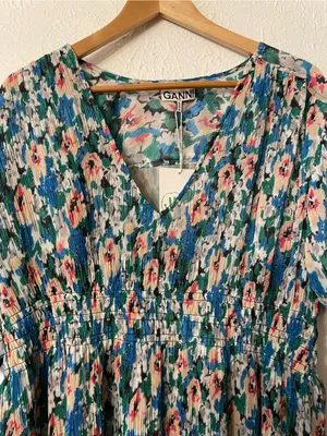 NWT Ganni Floral Pleated Georgette Blue V-Neck Puff Sleeve Midi Dress 40, Large thumbnail 5