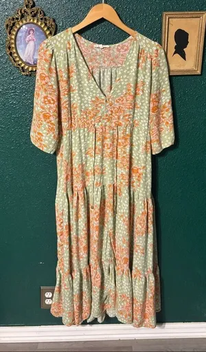 ABEL THE LABEL Dress Wild Bloom Boho Maxi Green V Neck Size Medium Floral Cottag thumbnail 1