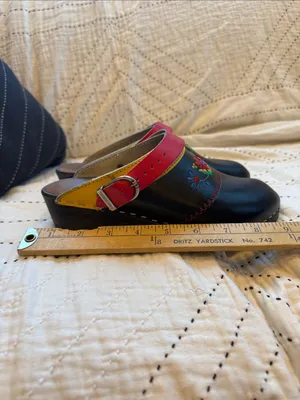Vintage Swedish Wooden Clogs Embroidered Floral Leather Mules Black Red EU 38 thumbnail 6