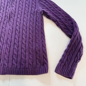 LL Bean Purple Mock Neck Full Zip Cable Cotton Cardigan Sweater Size SMALL thumbnail 4
