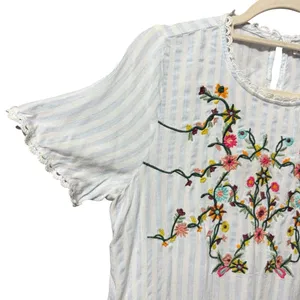 Boho Blue White Embroidered‎ Peplum Top Vintage-Inspired Cottagecore Vibes Sz M thumbnail 6