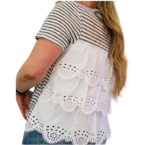 Joie Linen Eyelet Nautical Striped Cottage Scalloped Tiered Short Sleeve Top S thumbnail 3