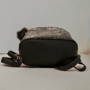 Black Glitter Faux Leather Mini Backpack with Pom-Pom Charm & Zippered Pockets thumbnail 11