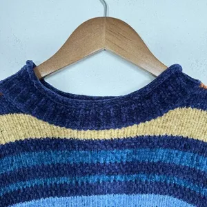 Vintage Chenille Blue‎ Gold Striped Mockneck Sweater 90s Size Medium thumbnail 6