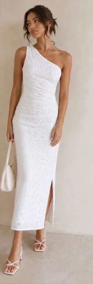 Zara White One Shoulder Eyelet Midi Dress Size XS 100% Cotton Coastal Beach thumbnail 1