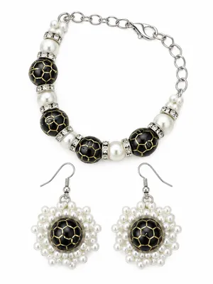 Artisan Bracelet Earrings Set Handcraft Black Gold Enamel Bead Pearl Rhinestone thumbnail 3