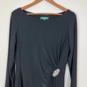 Lauren Ralph Lauren Dress 14 Black Sheath Ruched Broach Long‎ Sleeve Flattering thumbnail 2