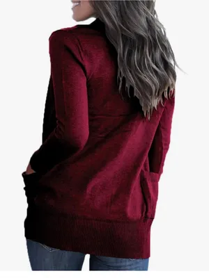 Women's Open Front Long Sleeve Cardigan - Burgundy thumbnail 2