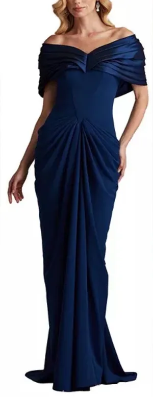 NEW Tadashi Shoji Seraphine Pleated Portrait Collar navy blue Gown Sz 14 thumbnail 1