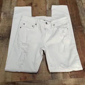 American Eagle Wmns White Denim Ripped Skinny Jeans Sz 32 Closet Staple Stretch thumbnail 2