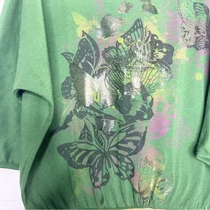 Vintage Y2K Green Butterfly Print Gold Chain Cold Shoulder Top Size Small thumbnail 6