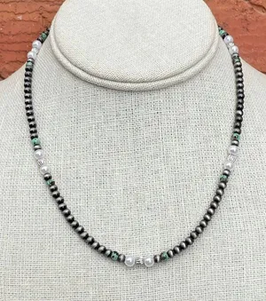 Navajo Style Pearl Necklace with Green, Brown & White thumbnail 1