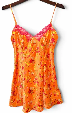 Victoria's Secret Vintage 2001 satin nightie, orange floral print, sz M thumbnail 1