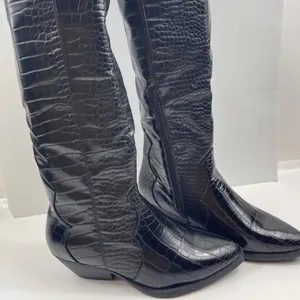Black Croc Embossed‎ Tall Western Cowboy Boots Pointed Toe Block Heel Size 8 thumbnail 2