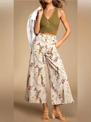 Free People Menorca taupe multi floral print wide-leg cropped pants 25 thumbnail 3