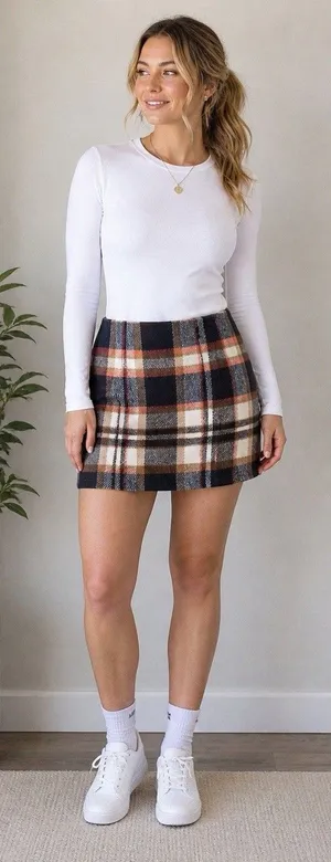 NWOT Plaid Mini Skirt Navy Brown Orange Tartan Lined Size M thumbnail 1