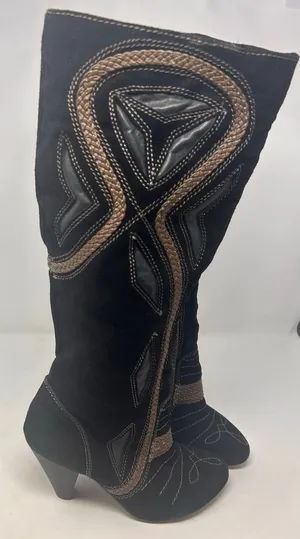 Mojo Moxy Black Suede Leather Mid Calf Tan Embroidered Decorative Panels Size 7W thumbnail 1