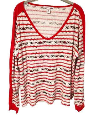 Victorias Secret Size XL Thermal Red Pink Geometric Stripe Long Sleeve Pajama‎ thumbnail 1