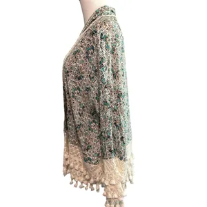 ENTRO Women's Floral Vest Type Open Cardigan Crochet Trim Wide Sleeves Sz L Chic thumbnail 4