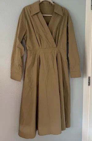 Cider Khaki 100% Cotton Wrap-Front Long Sleeve Midi Dress thumbnail 1