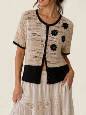 Vintage Embroidered Crochet Floral Cardigan Top | Cottagecore Folk Boho Medium thumbnail 1