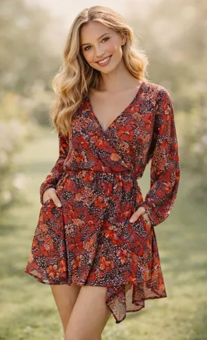 Free People Teegan Mini Dress Red Floral V Neck Boho Festival L 12 Spring Summer thumbnail 1